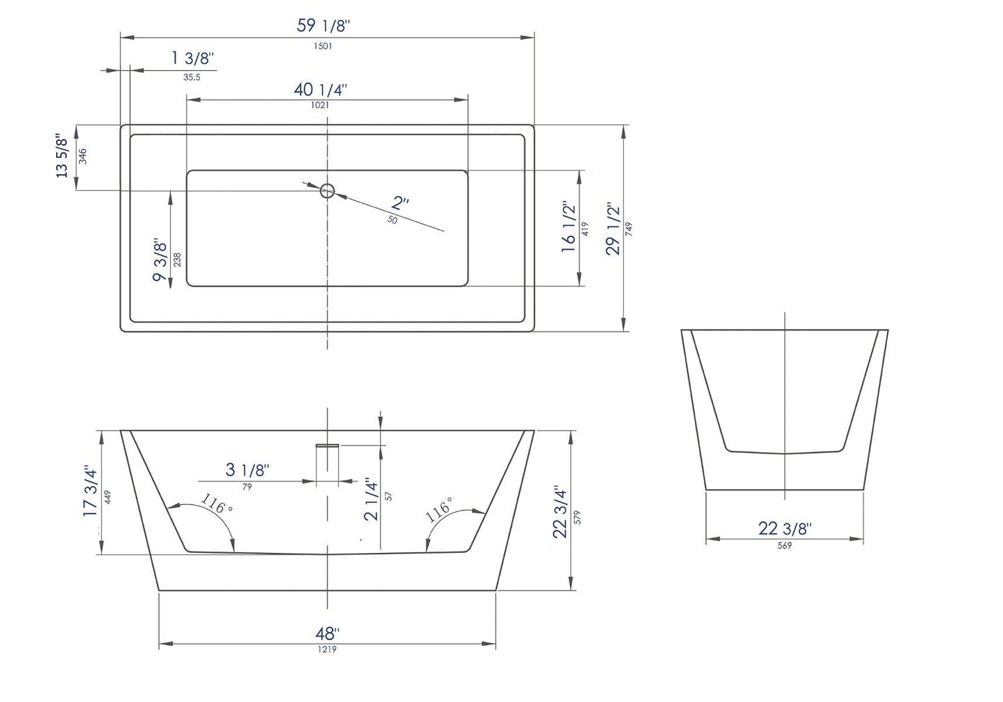 ALFI brand  AB8834 59 inch Black & White Rectangular Acrylic Free Standing Soaking Bathtub