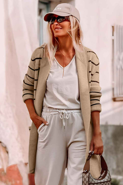 Black Stripe Cardigan with Side Pockets and Open Front