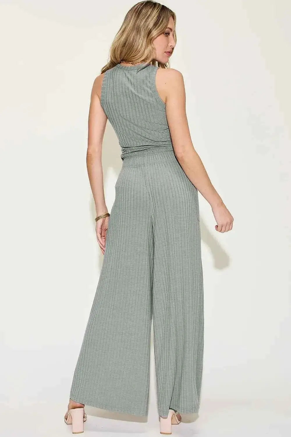 Ribbed Tank and Pants Set with Wide Leg Style