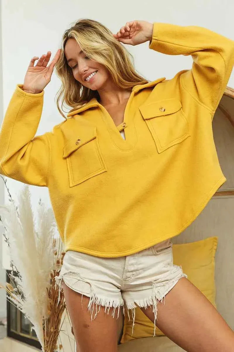 BiBi Fleece Collared Sweatshirt with Flap Pockets for Women