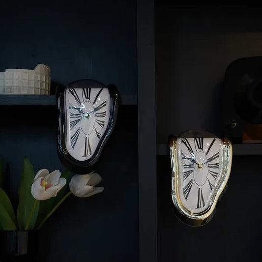 Two views of a unique clock design on a dark background with flowers.