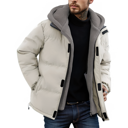 Winter Windproof Men's Faux Jacket Casual Polyester Coat with Detachable Hood Zip-Up Front Long Sleeves & Pockets Winter Clothes