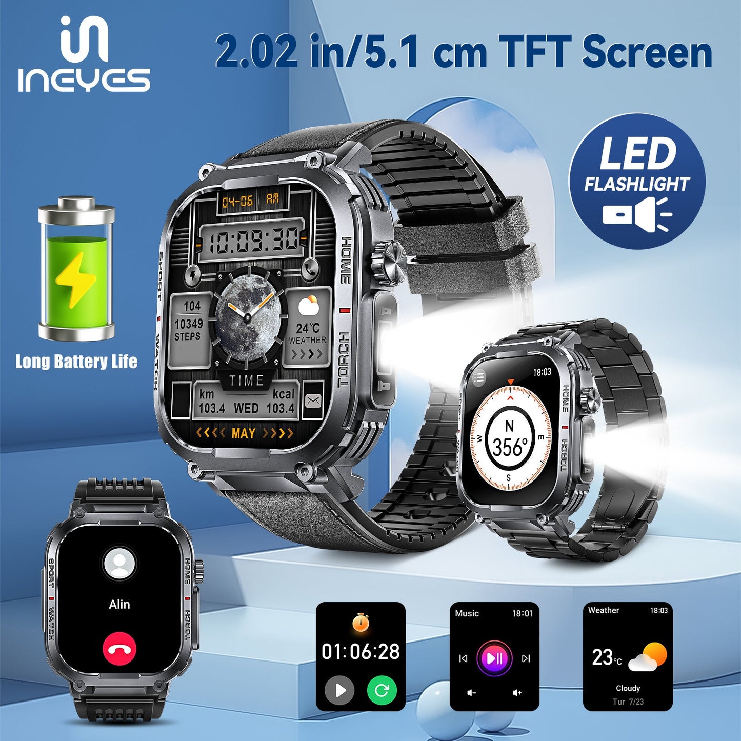 INEYES S320B Sport Modes Smart Watch For Men With LED Flashlight, Women's Smartwatch With Wireless Call, Men's Smartwatches With 2.02-Inch HD Screen