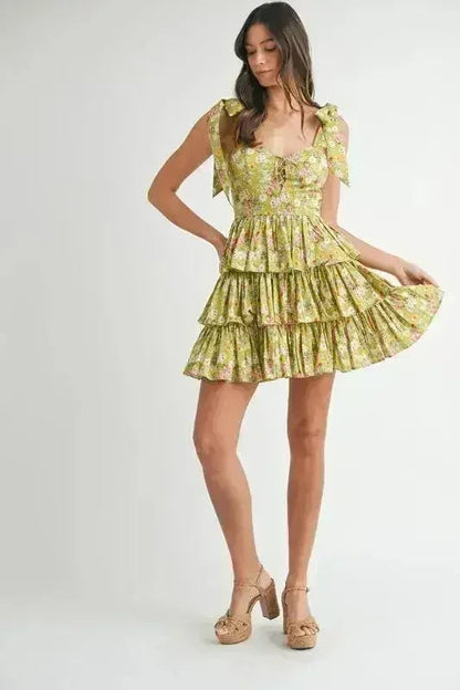 MABLE Floral Mini Dress – Adjustable Shoulder Tie Layered Design