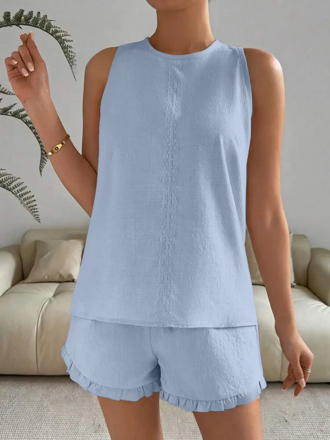 Lace Detail Round Neck Shorts Set for Women