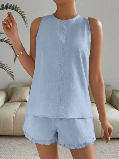 Lace Detail Round Neck Shorts Set for Women