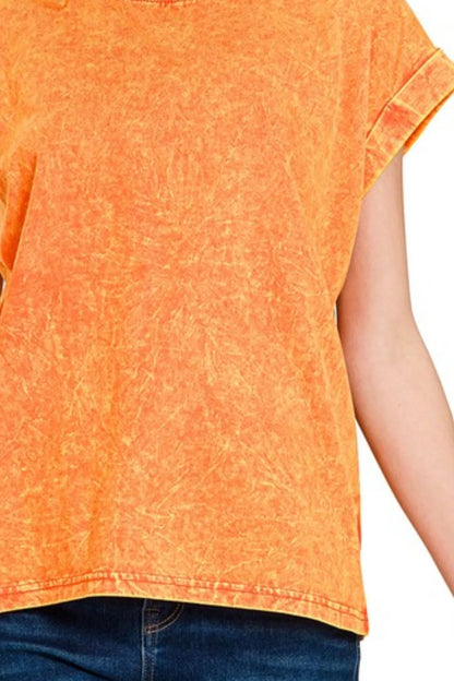 Zenana Crinkle Washed Round Neck Folded Short Sleeve Tee