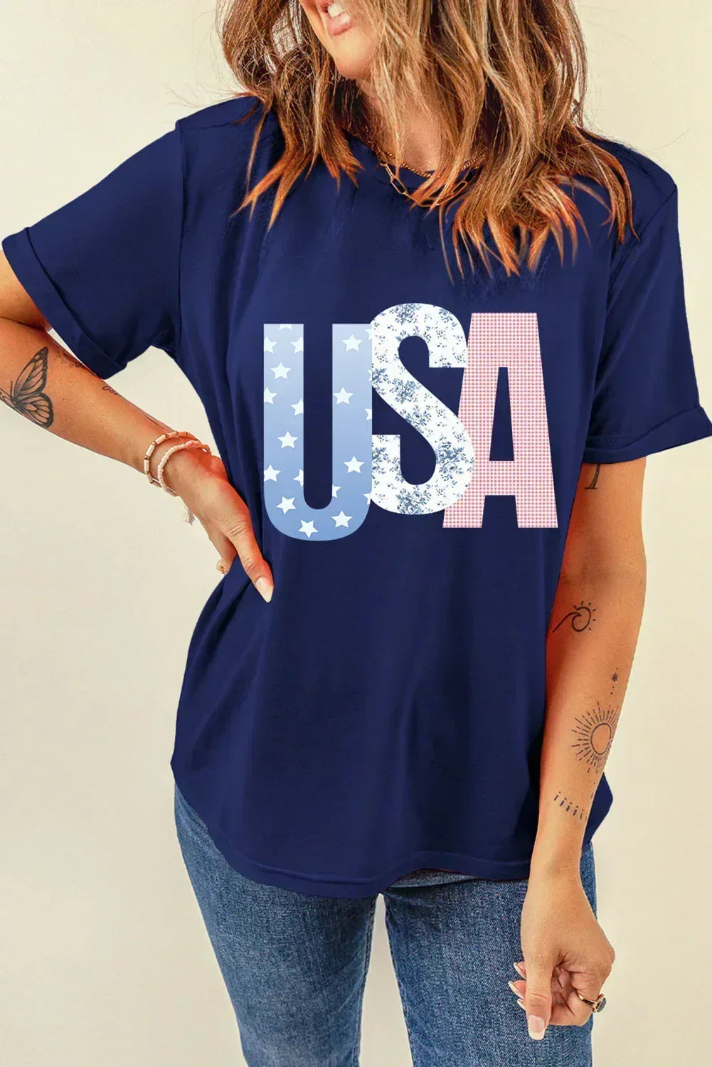 Blue USA Graphic July 4th Crew Neck T-Shirt – Patriotic Comfort Tee