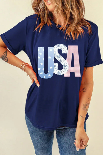 Blue USA Graphic July 4th Crew Neck T-Shirt – Patriotic Comfort Tee