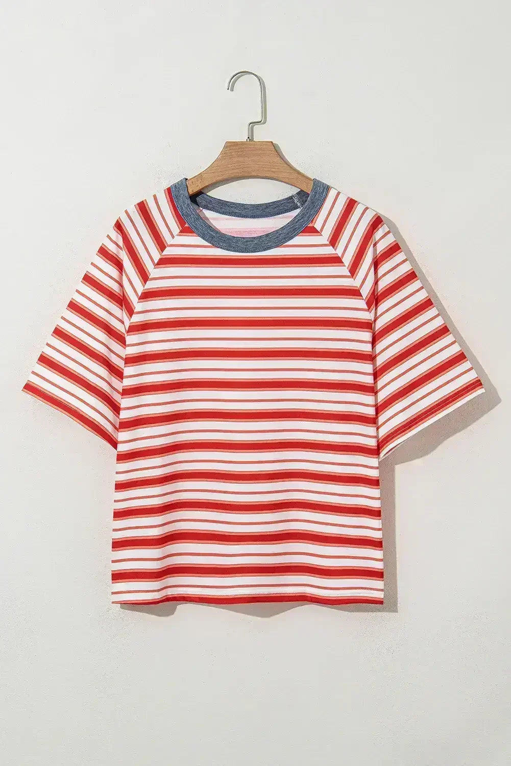 Tomato Red Striped Raglan Sleeve Contrast Neck T-Shirt