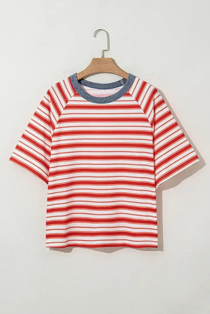 Tomato Red Striped Raglan Sleeve Contrast Neck T-Shirt
