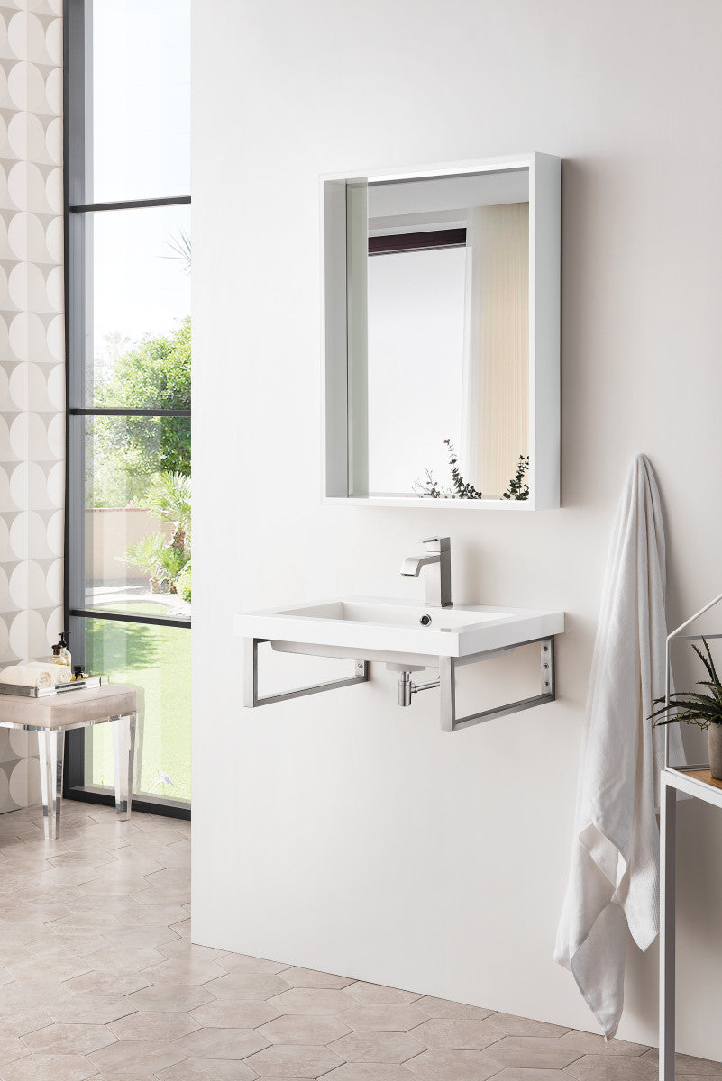 Two Boston 18" Wall Brackets, Brushed Nickel w/ 23.6" White Glossy Composite Stone Top