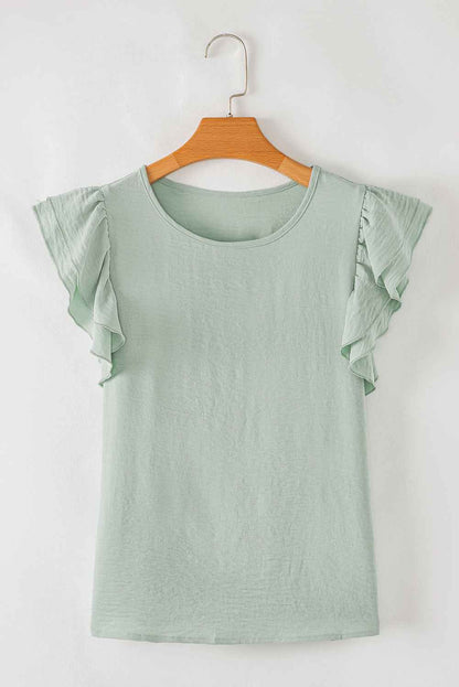 Aqua Ruffle Sleeve Blouse - Clearly Aqua Solid Color Crinkled Top