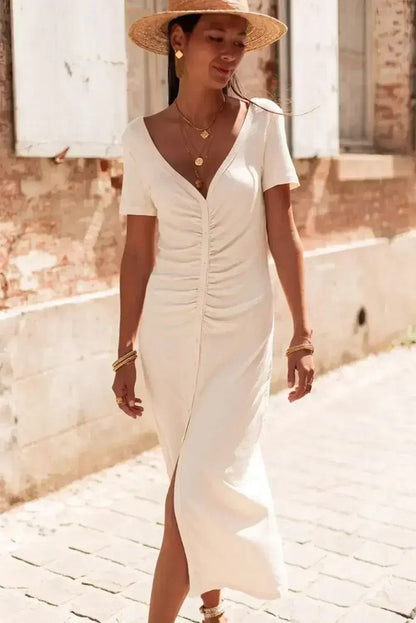 Beige V Neck Ruched Button Front French T-shirt Dress