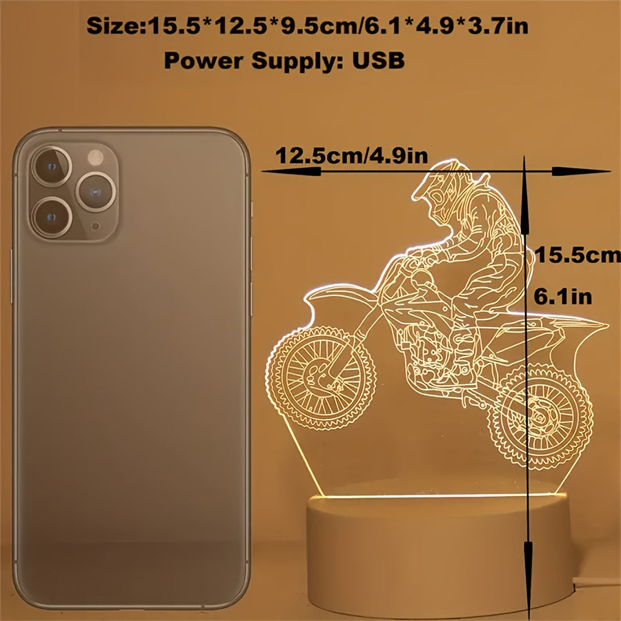 Motorcycle rider LED lamp with dimensions and power supply details.