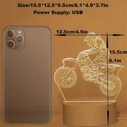 Motorcycle rider LED lamp with dimensions and power supply details.
