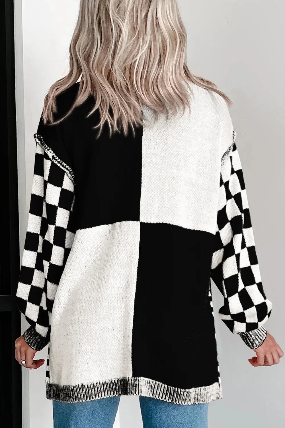 Orange Checkered Open Front Drop Shoulder Cardigan