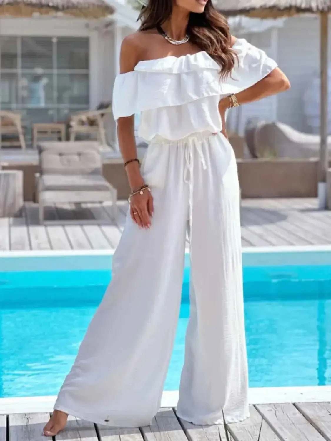 Wide Leg Jumpsuit - Off-Shoulder Ruffled Jumpsuit