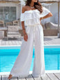 Wide Leg Jumpsuit - Off-Shoulder Ruffled Jumpsuit