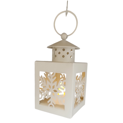 B/O Lighted Metal Holiday Lantern with LED Tealight - White