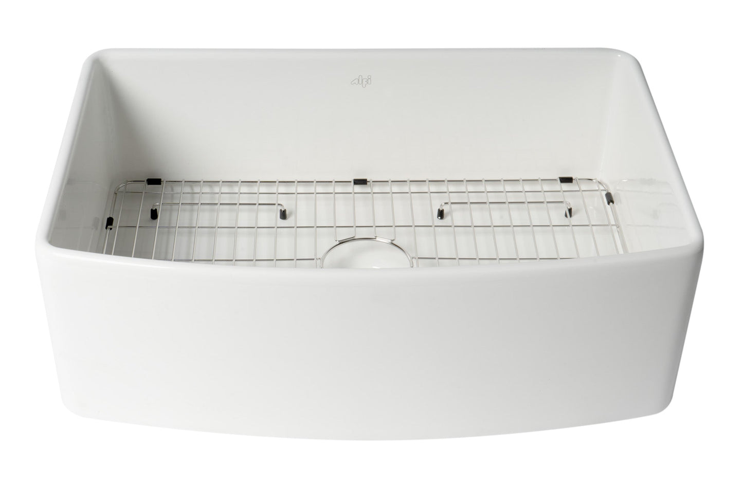 ALFI brand ABFC3020 ABFC3020-W White Smooth Curved Apron 30" x 20" Single Bowl Fireclay Farm Sink with Grid