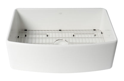 ALFI brand ABFC3020 ABFC3020-W White Smooth Curved Apron 30" x 20" Single Bowl Fireclay Farm Sink with Grid