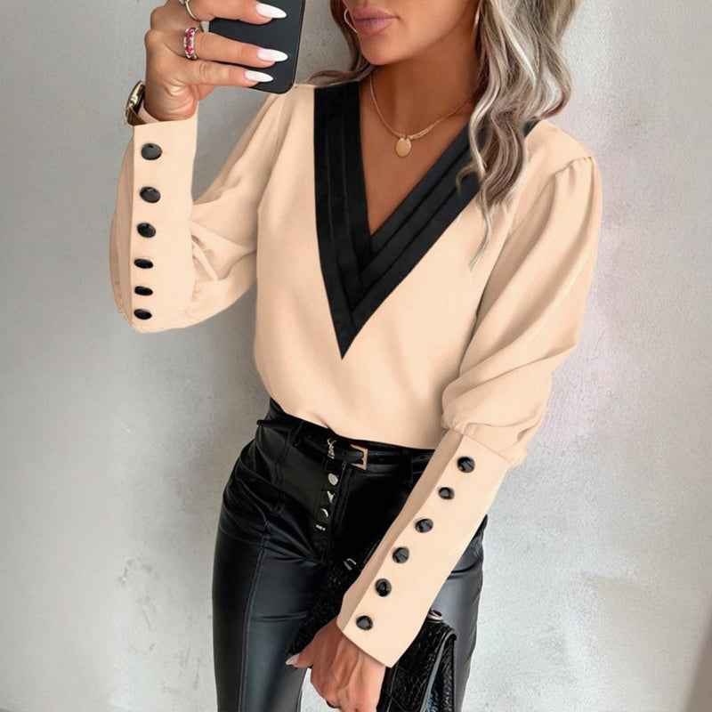 Women's V-Neck Contrast Trim Long Sleeve Blouse With Button Cuff Detail - Casual Comfort Top
