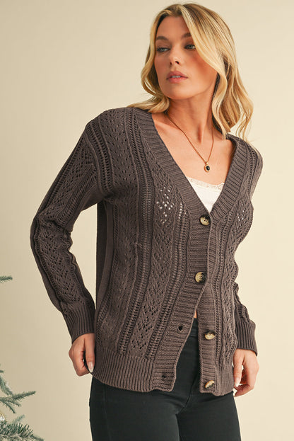 Dark Khaki Cardigan - Hollow Knit Drop Shoulder Style