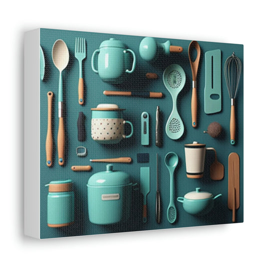 A stretched canvas print featuring an array of green kitchen utensils and appliances, including a kettle, toaster, and various tools like a whisk and ladle, arranged against a blue background.