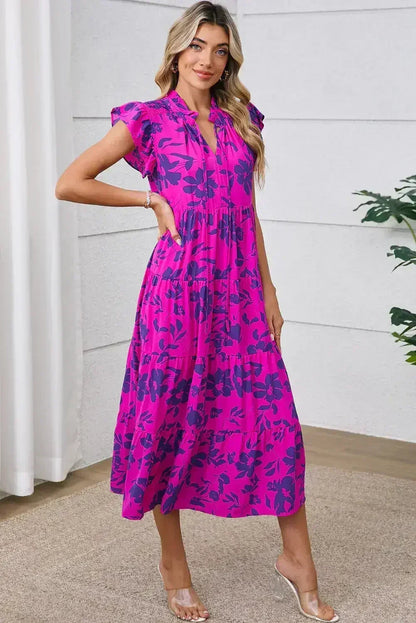 Rose Floral Print Tiered Flutter Sleeve Maxi Dress