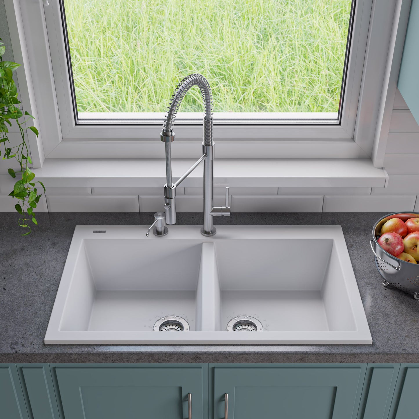 ALFI brand AB3420DI 34" Drop-In Double Bowl Granite Composite Kitchen Sink