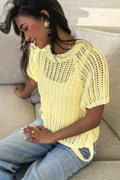 Pink Side Tie Hollow-out Crochet Knit Top