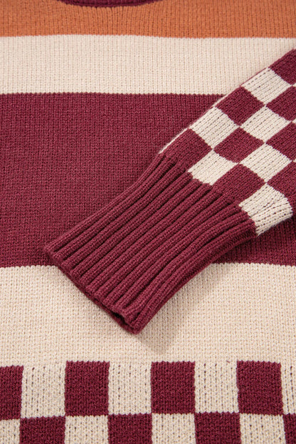 Brown Checkered Colorblock Knitted Drop Shoulder Sweater