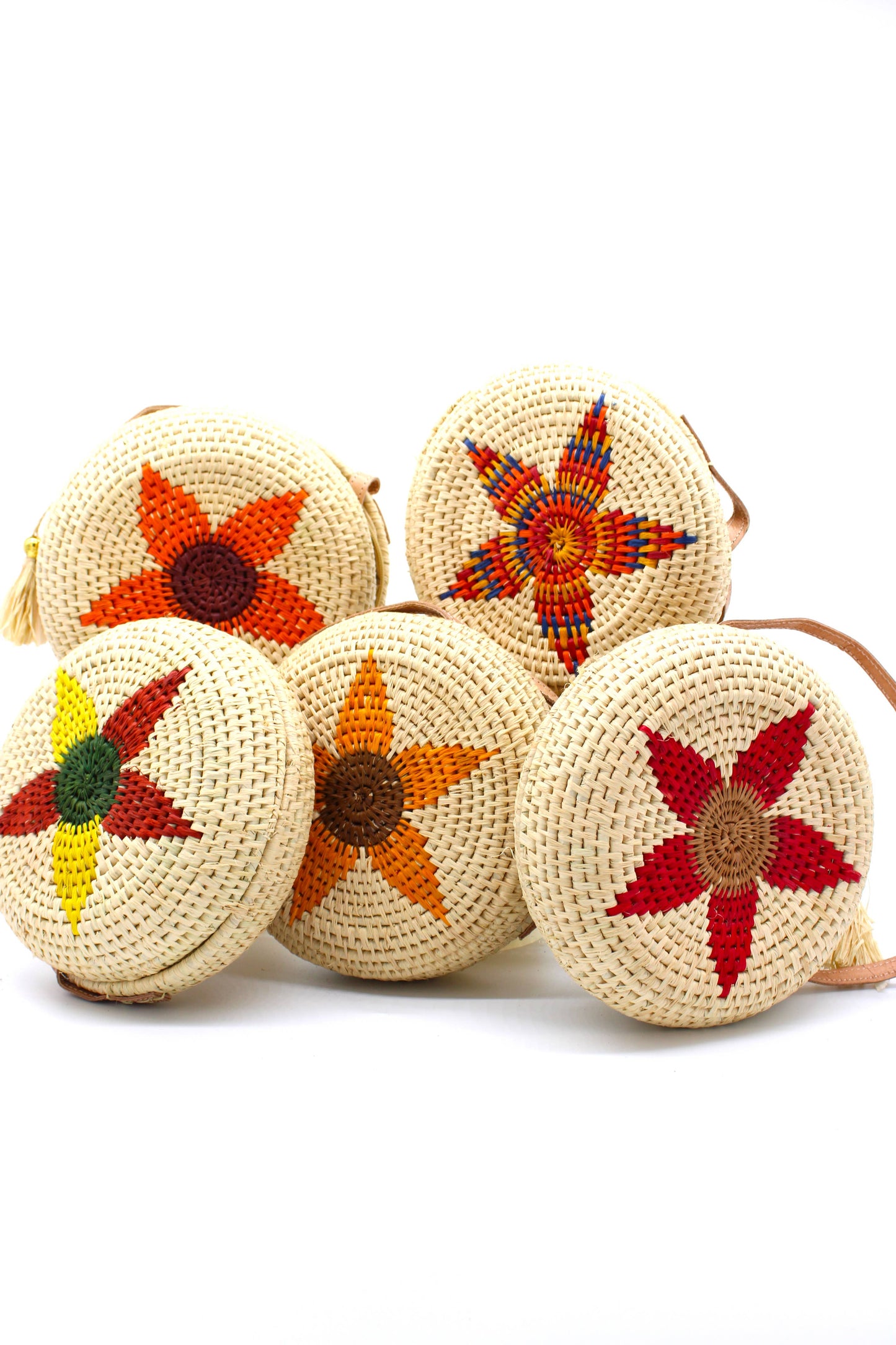 Carmel Crochet Round Flower Straw Crossbody Bag with Tassel