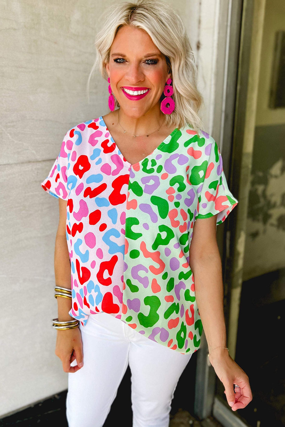 Green Leopard Print Patchwork V Neck Short Sleeve Blouse