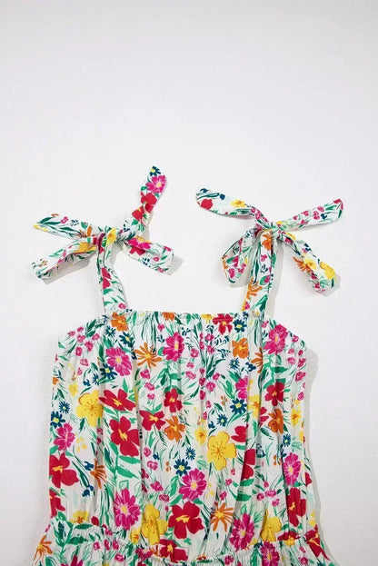 Red Floral Print Knotted Strap Cinched Waist Ruffle Hem Mini Dress