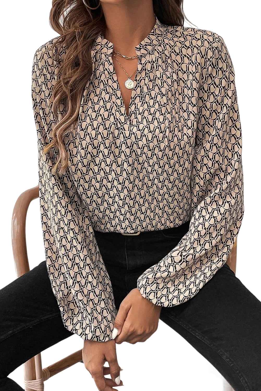 Green Geometric Print Blouse with Notched Neck and Long Sleeves