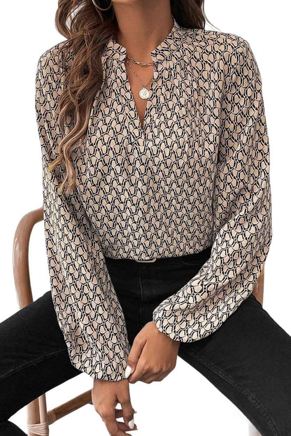 Green Geometric Print Blouse with Notched Neck and Long Sleeves