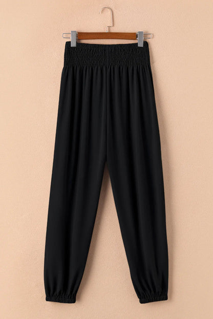 Navy Blue Shirred Smocked High Waist Joggers