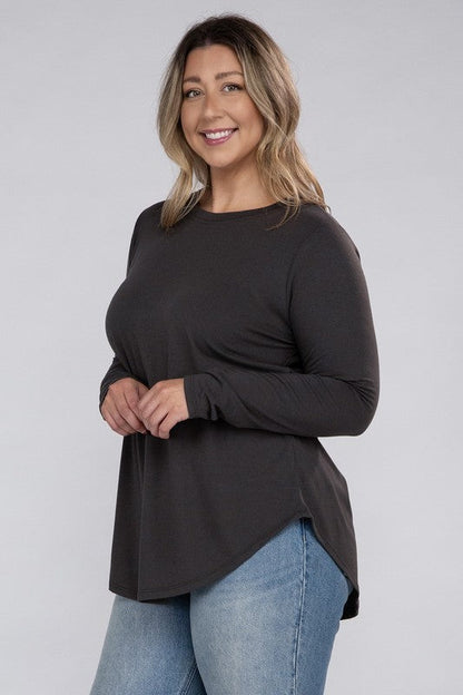 ZENANA Plus Long Sleeve Round Neck Round Hem Top