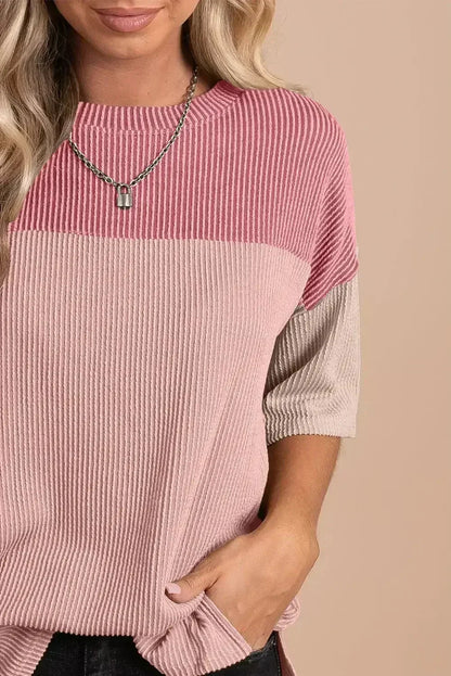 Black Color Block Ribbed Side Slits Half Sleeve Top