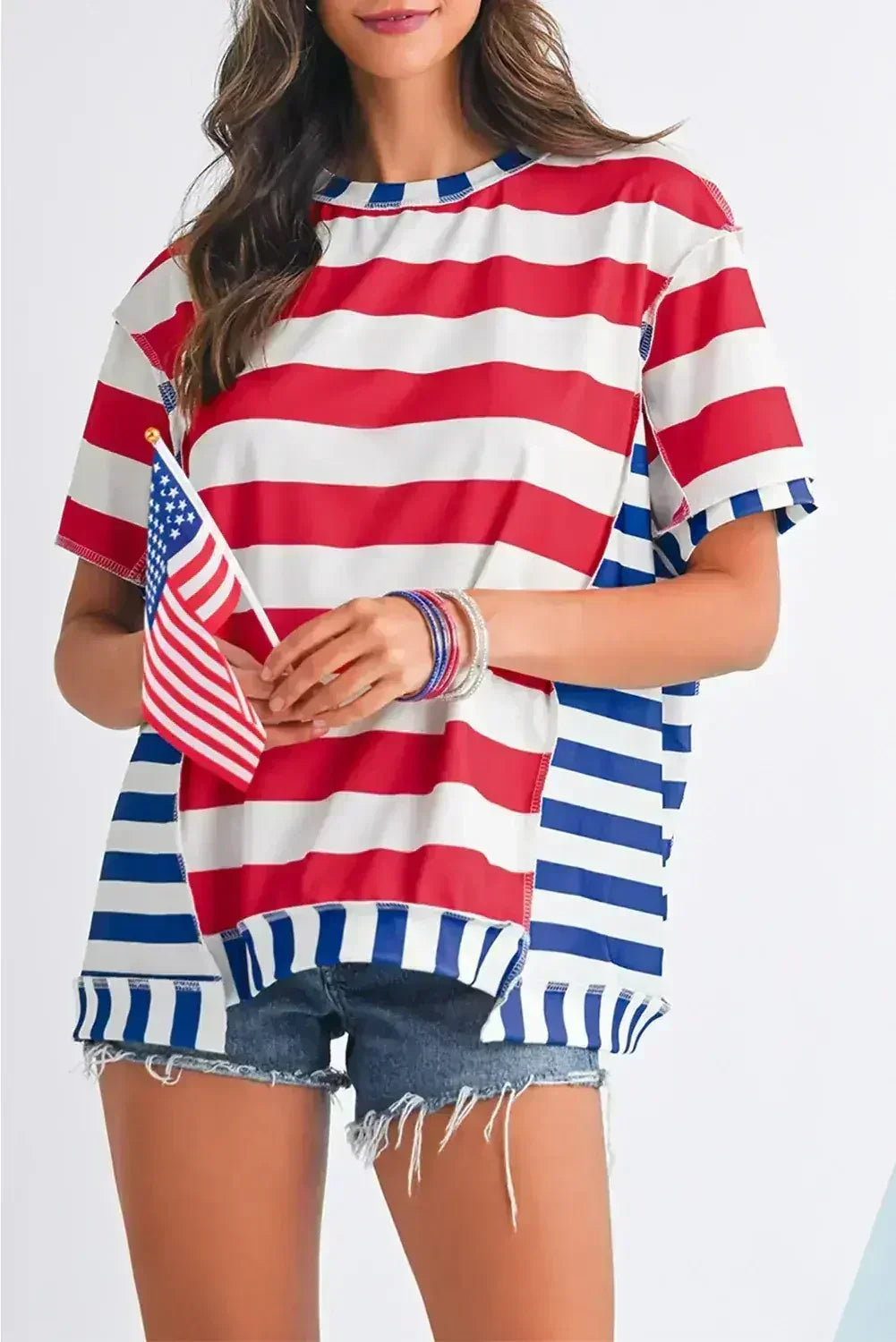 Red Stripe Loose Casual Color Block T Shirt