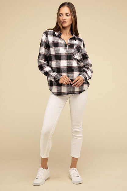 ZENANA Cotton Plaid Shacket With Front Pocket