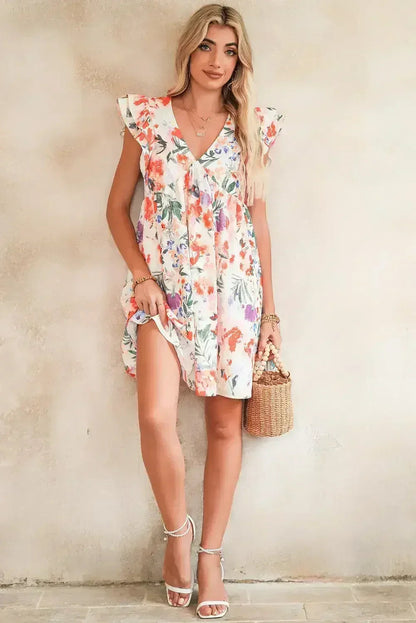 Pink Floral Ruffle Sleeve V Neck High Waist Mini Dress