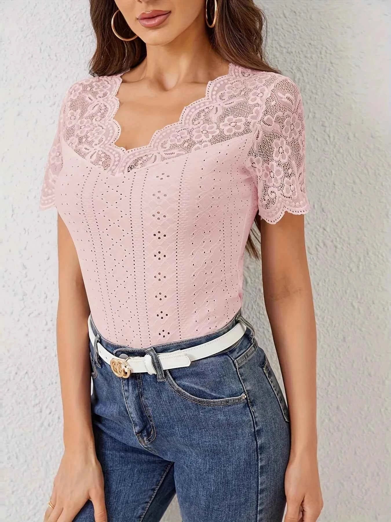 Lace Trim Eyelet Embroidered Summer T Shirt