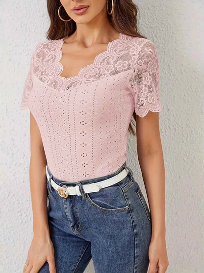 Lace Trim Eyelet Embroidered Summer T Shirt