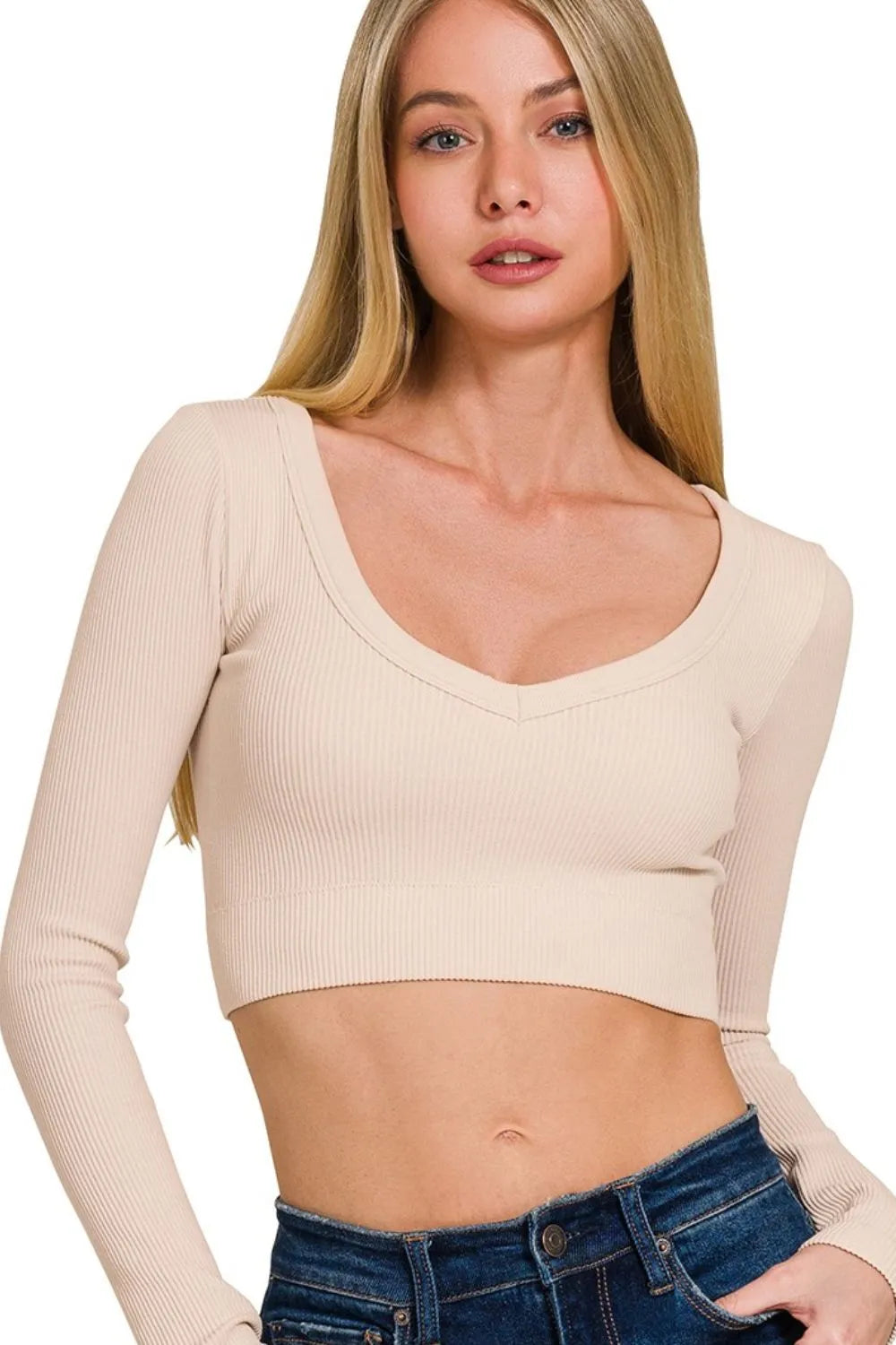 Zenana Seamless Fitted Rib V-neck Long Sleeve Crop Top in Sand