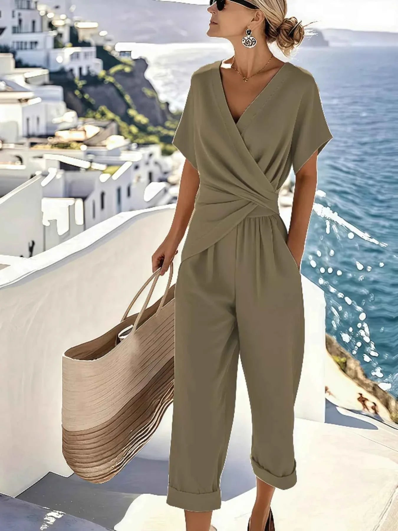 Full Size Surplice Short Sleeve Top and Pants Set Plus Size Pantsuit