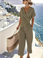 Full Size Surplice Short Sleeve Top and Pants Set Plus Size Pantsuit