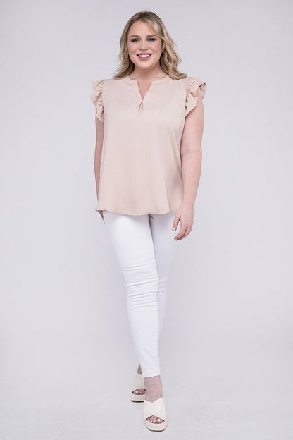 ZENANA Plus Woven Wool Peach Ruffled Sleeve High-Low Top